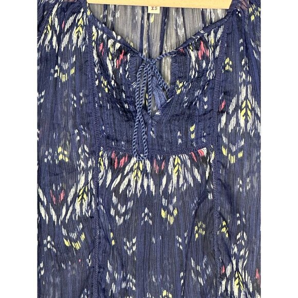 Mudd Sheer Blue Boho Print Blouse XS Short Puff Sleeves Tie Front Y2K - Picture 7 of 9